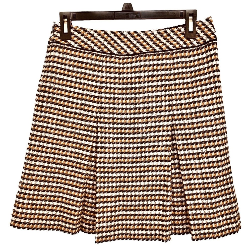 Talbots Wool Houndstooth Pleated Skirt Black Brown Tan Cream Light Academia - 2P - Picture 2 of 5